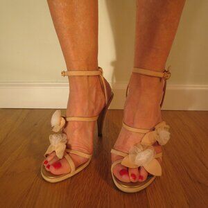 CHARLES JOURDAN Cream Suede Leather Fancy Ankle Strap Heel